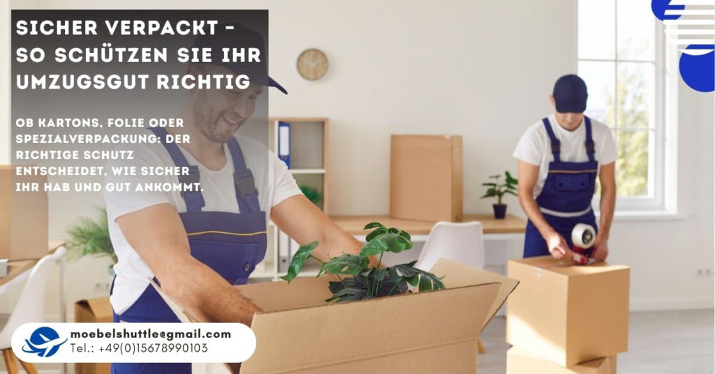 Zwei Umzugshelfer verpacken Pflanzen und Kartons professionell in einer hellen Wohnung