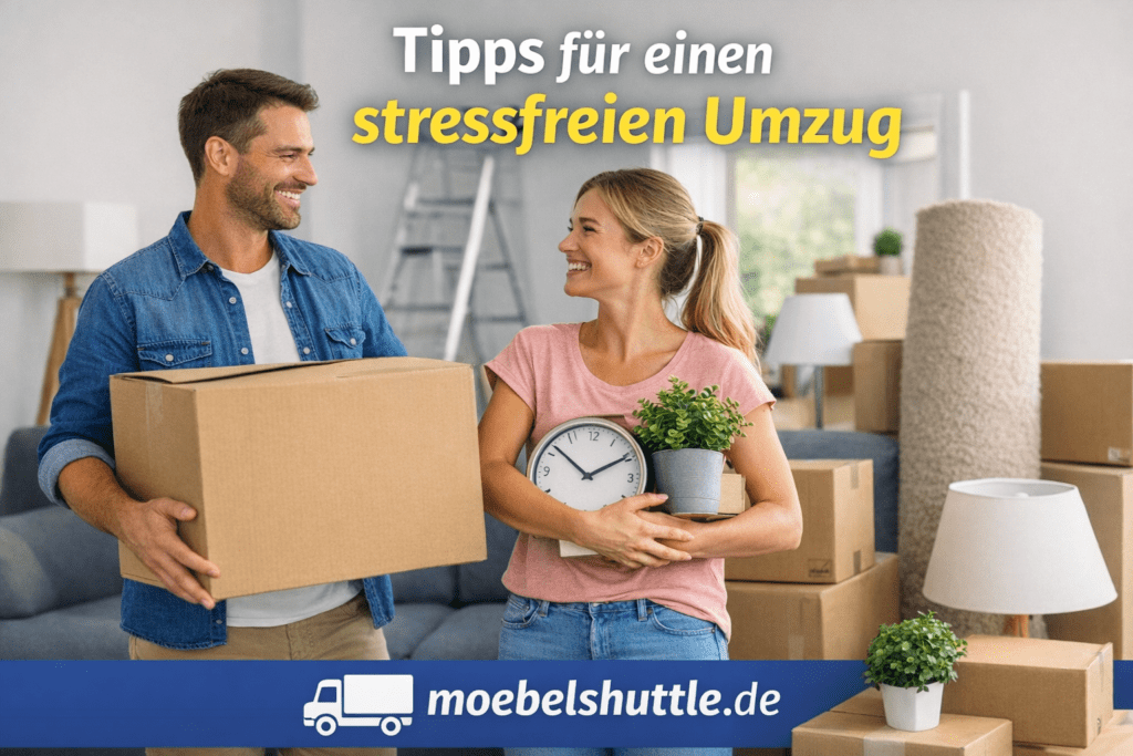 Glückliches Paar beim Umzug mit Kartons – Tipps für einen stressfreien Umzug mit moebelshuttle.de