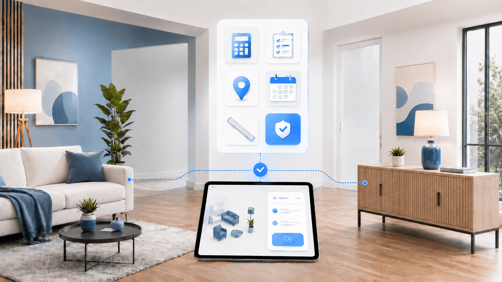 Modernes Wohnzimmer mit digitaler Festpreisberechnung für einen Möbelshuttle-Umzug